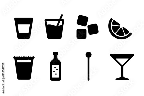 Black Vodka Icons. Solid, filled icon set of vodka drinks and servings: shot glass, vodka cocktail, ice cubes, lemon wedge, salted rim, chilled bottle,