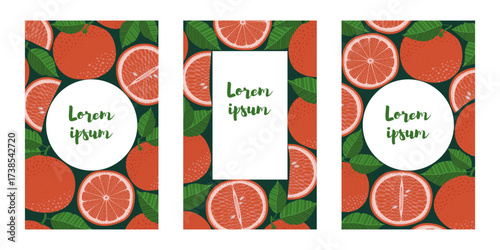 Set of vibrant illustrations featuring grapefruits and leaves, with a text placeholder. Ideal for banners, brochures, flyers, covers, greeting cards, invitations, posters, and more designs.
