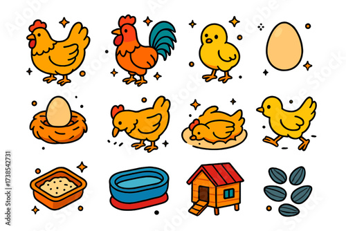 Colorful Chicken Family Icons. Chicken family. Colorful isometric vector icons set of chicken family: mother hen, rooster, fluffy chick, egg, nest, pecking