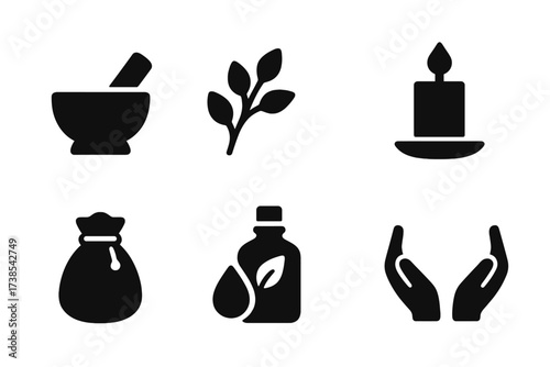 Healer Icons Grid. Solid, filled icon set of healer woman: mortar and pestle, healing herbs, water flask, candle, medicine pouch, wooden bowl, leaf tincture,