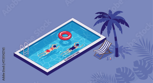 A refreshing summer scene with two people swimming in a pool under a palm tree with a lounge chair nearby