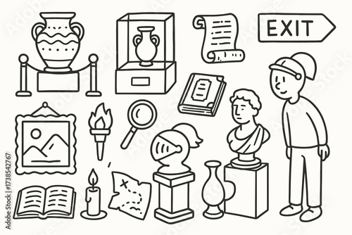 Museum Artifact Doodles. Hand-drawn doodle illustration Viewing artifacts in museum ancient vase, display case, knight armor, scroll, statue bust, old book,