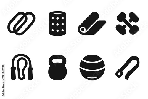 Warm-Up Equipment Icons. Solid, filled icon set of warm-up equipment: resistance bands, foam roller, yoga mat, dumbbells, skipping rope, kettlebell, exercise