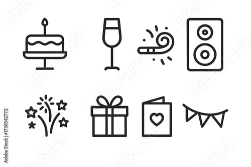 Reunion Celebration Icons. Outline icon set of reunion celebrations: cake, champagne glass, party horn, music speaker, fireworks, gift, invitation card,