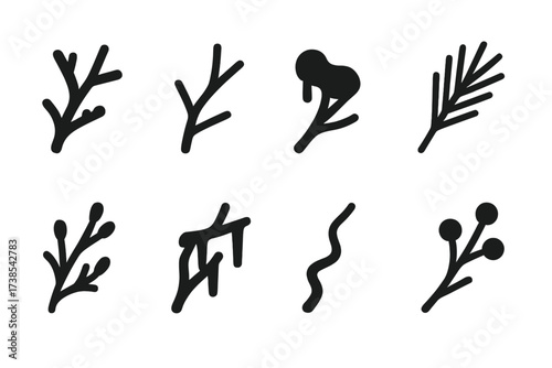 Winter Branch Icons. Solid, filled icon set of winter branches: frosted twig, bare branch, snow-covered branch, pine needles, icy branch, branch with icicles,