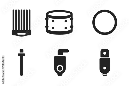 Snare Drum Components Icons. Solid, filled icon set of snare drum components: snare wires, drum shell, drum head, drum rim, tension rods, lugs, throw-off, butt