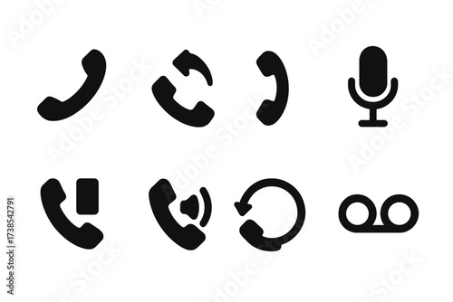 Phone Action Icons. Solid, filled icon set of phone actions: call, answer, hang up, mute, hold, speakerphone, redial, voicemail. [Solid, filled icons in only