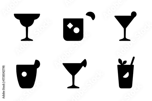 Cocktail Icon Collection. Solid, filled icon set of shake cocktail recipes: margarita, whiskey sour, daiquiri, gimlet, cosmopolitan, pisco sour, sidecar,