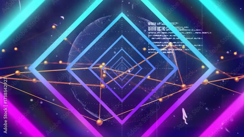 Diamond outline appearing triggers nested neon shapes rotating and nodes weaving data flow