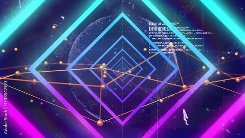 Diamond outline appearing triggers nested neon shapes rotating and nodes weaving data flow