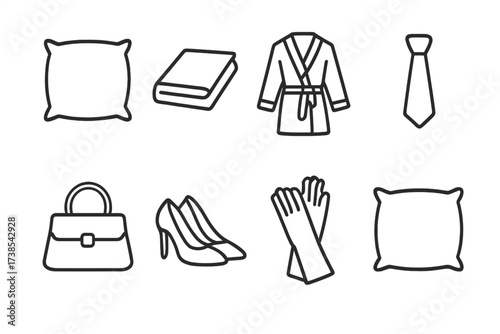 Luxury Silky Icons. Outline icon set of silky luxury items: pillow, bed sheet, robe, necktie, handbag, shoes, gloves, cushion. Line icons in only black color,
