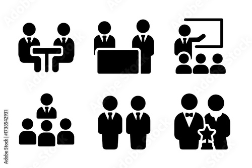 Business Suit Icons. Solid, filled icon set of business suit occasions: office meeting, job interview, presentation, conference, networking event, formal