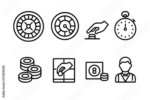 Roulette Icon Set. Outline icon set of roulette gameplay: wheel spin, ball drop, betting chips, dealer hand, timer, winning number, payout, player chips. Line