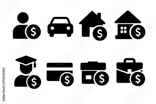 Loan Types Icons. Solid, filled icon set of loan types: personal loan, auto loan, mortgage, student loan, payday loan, credit line, business loan, home equity