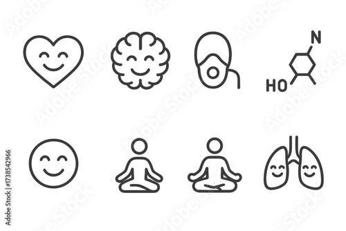 Laughter Health Icons. Outline icon set of laughter health benefits: heart, brain, oxygen mask, endorphin molecule, happy face, yoga pose, meditation, smiling
