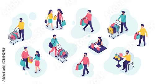 Diverse shoppers engaged in various retail activities illustration showcasing consumer behavior and lifestyle elements in a modern shopping environment