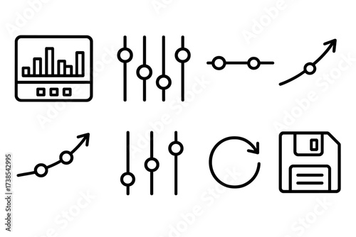 Equalizer Icon Set. Outline icon set of digital equalizer features: preset modes, custom settings, flat curve, bass boost, treble boost, midrange adjustment,