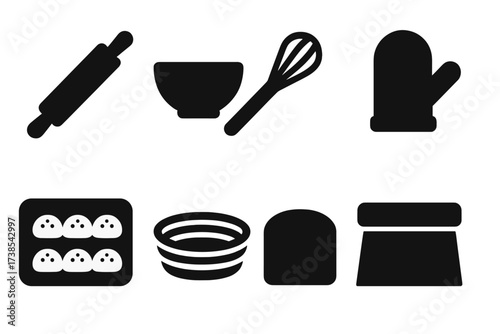 Baking Tools Icons. Solid, filled icon set of bun preparation tools: rolling pin, mixing bowl, whisk, dough cutter, oven mitts, baking tray, proofing basket,