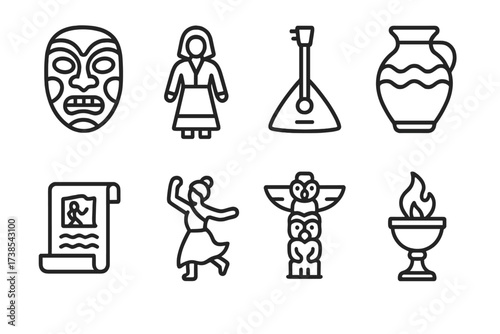 Cultural Heritage Icons. Outline icon set of cultural heritage symbols: traditional mask, folk costume, musical instrument, handcrafted pottery, ancient