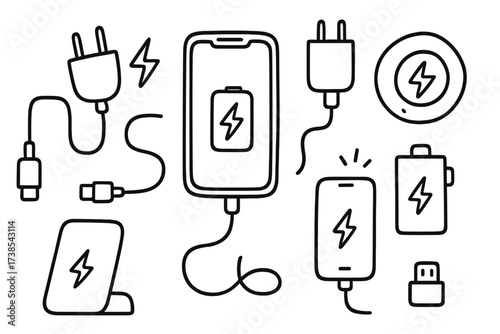 Phone Charging Doodles. Phone Charging. Hand-drawn doodle illustration smartphone, plug, cable, USB-C, outlet, lightning bolt, power bank, wireless charging