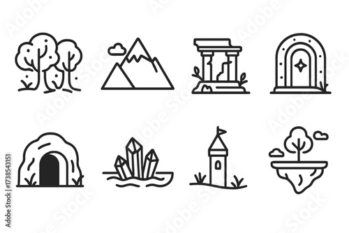 Mythical Landscape Icons. Outline icon set of mythical landscapes: enchanted forest, mountain peak, ancient ruins, magical portal, hidden cave, crystal lake,