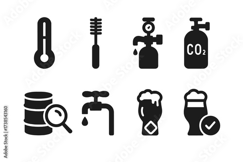Draft Beer Maintenance Icons. Solid, filled icon set of draft beer quality and maintenance: temperature gauge, cleaning brush, pressure regulator, CO2 tank,