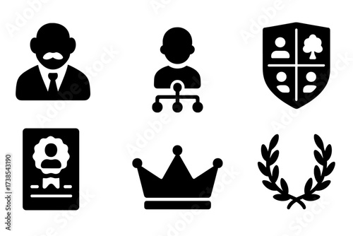 Family Icons Set. Solid, filled icon set of family succession: ancestor, descendant, family tree, heritage crest, seal, document, royal crown, laurel wreath.