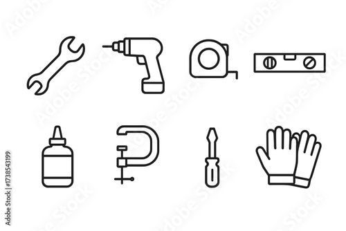 Tool Icon Set. Outline icon set of flat pack tools: wrench, drill, measuring tape, level, glue bottle, clamp, screwdriver bit, work gloves. Line icons in only