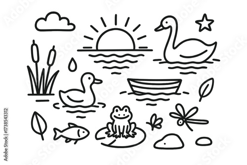 Lake Sunset Doodle. Hand-drawn doodle illustration Lake sunset sun, water ripples, duck, swan, reeds, lily pad, frog, fish, cloud, star, boat, droplet,