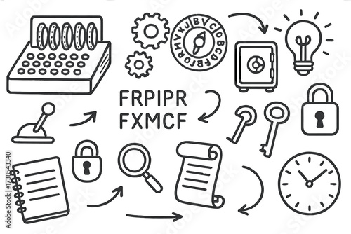 Enigma Machine Doodle. Hand-drawn doodle illustration enigma machine gears, code wheel, keys, lever, light bulb, cipher text, safe, lock, key, notebook,