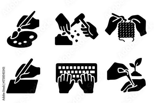 Creative Hands Icons. Solid, filled icon set of creative hands: painting, sculpting, knitting, writing, playing piano, typing, gardening, sewing. Solid, filled
