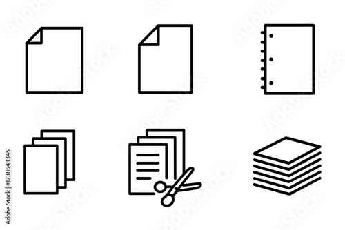 Office Finishing Icons. Outline icon set of copier output finishing: stapling, folding, hole punching, binding, sorting, collating, trimming, stacking. Line