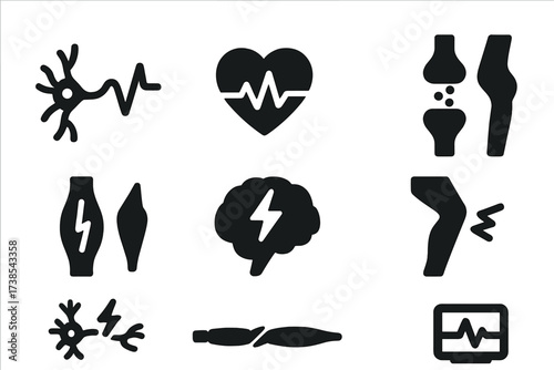 Biological Impulse Icons. Solid, filled icon set of biological impulses: nerve signal, heart pulse, synapse, muscle contraction, brain activity, reflex,