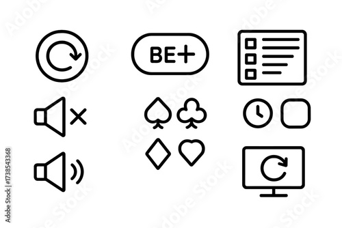 Casino Interface Icons. Outline icon set of casino games interface: spin button, bet button, payout table, game menu, sound on/off, timer, card suit icons,