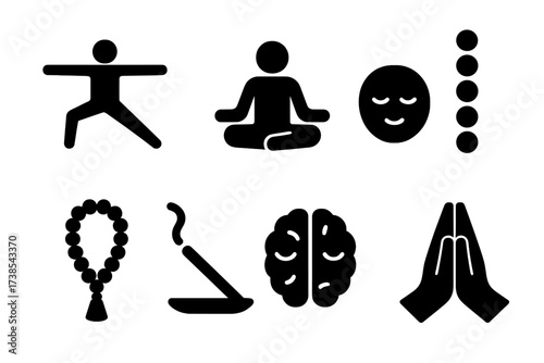 Mindfulness Icon Set. Solid, filled icon set of meditation and mindfulness: yoga pose, lotus position, calm face, chakras, meditation beads, incense stick,