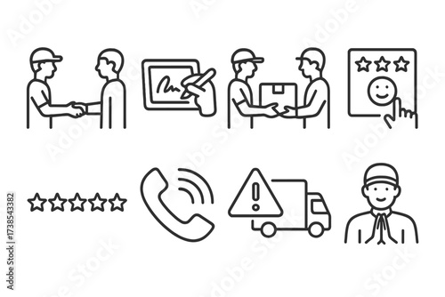 Delivery and Safety Icons. Outline icon set of delivery interactions: customer greeting, signature pad, parcel exchange, feedback form, rating stars, phone