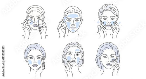 Illustrations depicting women applying skincare products and performing facial massage techniques for better absorption and relaxation