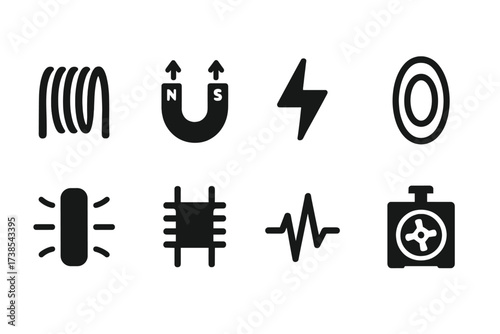 Electromagnetic Induction Icons. Solid, filled icon set of electromagnetic induction: coil, magnet, electric current, wire loops, magnetic field lines,