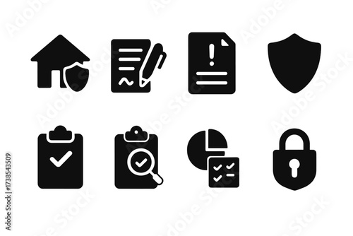 Liability Protection Icons. Solid, filled icon set of liability protection: insurance, contract, disclaimer, legal shield, compliance, risk assessment, audit,