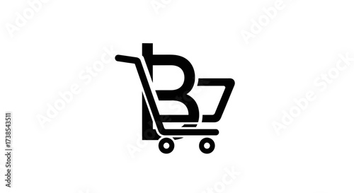 Conceptual digital money design illustration featuring bitcoin symbol in a shopping cart icon