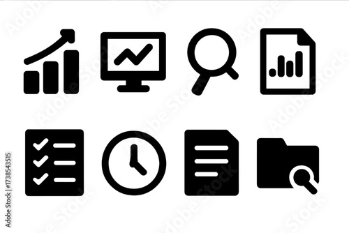 Clue Analysis Icons. Solid, filled icon set of clue analysis: charts, graphs, magnifier, computer, document, checklist, clock, report folder. [Line icons in