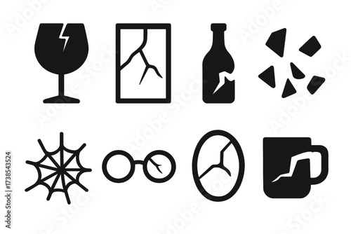 Broken Glass Icons. Solid, filled icon set of broken glass: shattered glass, cracked window, broken bottle, glass shards, spiderweb crack, cracked eyeglasses,