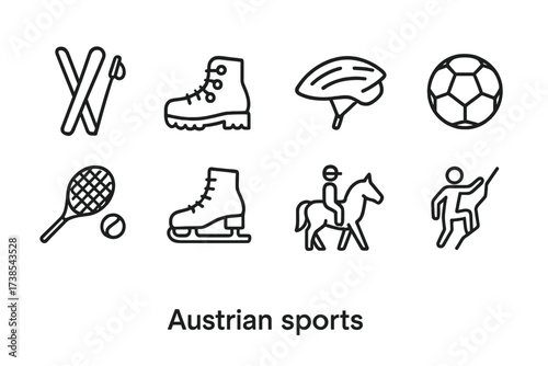 Austrian Sports Icons. Outline icon set of Austrian sports: skiing, hiking boots, cycling helmet, football ball, tennis racket, ice skating, horseback riding,