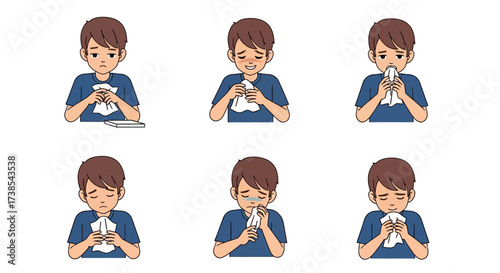 A Young Person Experiencing Symptoms of Cold or Allergies Blowing Their Nose with a Tissue Showing Various Expressions of Discomfort