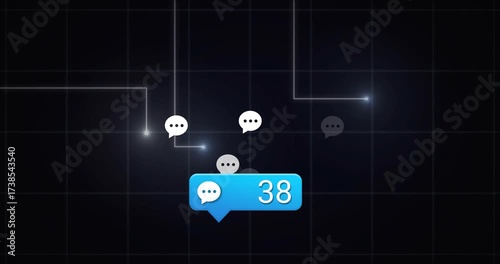 Blue chat bubble popping, confetti bursting, linking lines filling count showing incoming messages