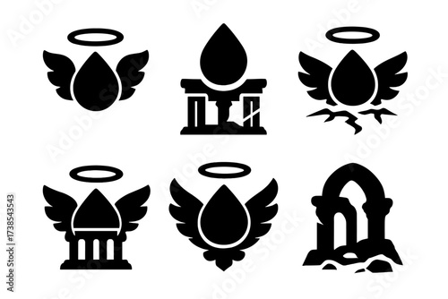 Tears of Light Logo. Abandoned heaven, fallen from grace. Set Logo of Tears of light: Tears of light. Iconic shape, Minimal outline, Filled silhouette,