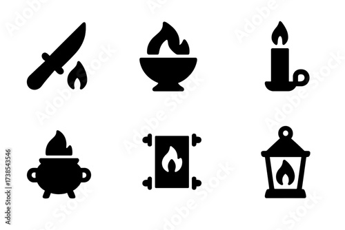 Fire Ritual Icons. Solid, filled icon set of fire ritual objects: ritual knife, fire bowl, ceremonial cup, candle holder, incense burner, talisman, sacred