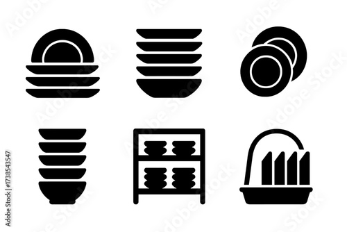Dish Icon Grid. Solid, filled icon set of dish stacking: stacked dishes, dish pile, nested dishes, dish tower, dish shelf, dish container, dish carrier, dish