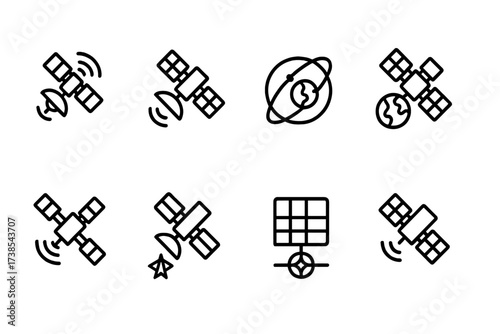 Internet and Satellite Icons. Outline icon set of internet infrastructure: data center, server rack, satellite dish, fiber optic cable, network switch, cloud