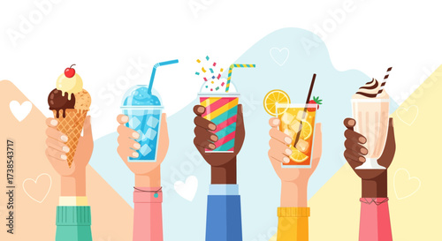 A Diverse Group of Hands Holding Delicious Summer Refreshments on a Bright Sunny Day